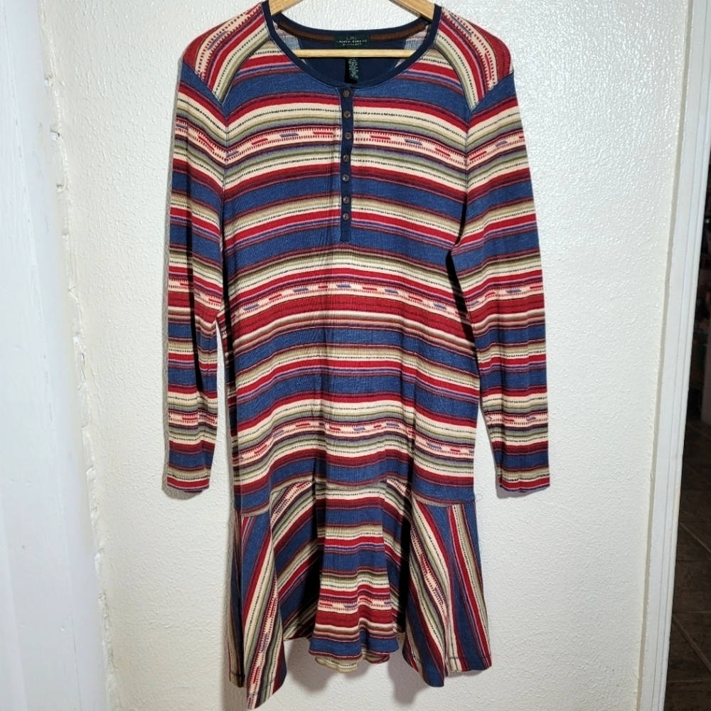 Ralph Lauren Jeans Waffle Knit Aztec Southwest Henley Ruffle Dress sz 2X Blue Re